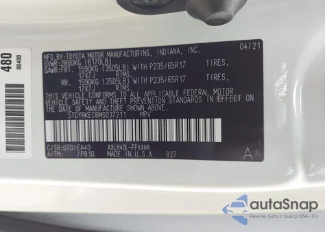 2021 Toyota Sienna Xle z USA, uszkodzony, nr VIN 5TDYRKEC6MS037211